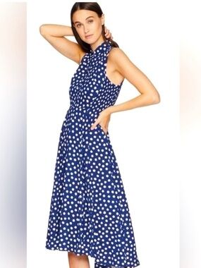 Kate Spade Sleeveless Navy Blue Polka Dot Midi Dress